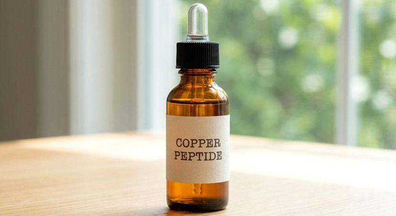 An amber dropper bottle of copper peptide serum