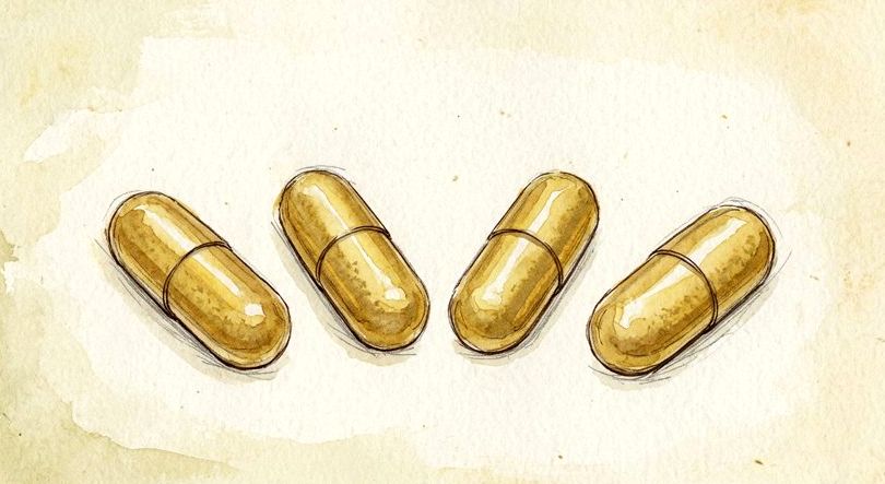 Botanical hair-growth supplement capsules on a nightstand with water