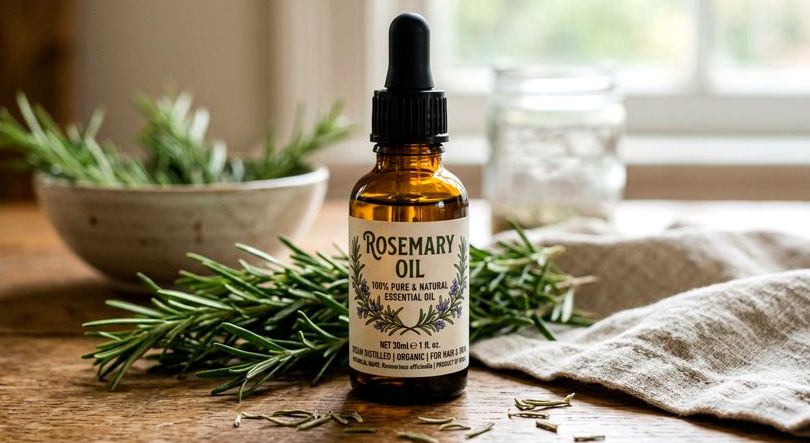 A dropper bottle of rosemary oil beside fresh rosemary sprigs